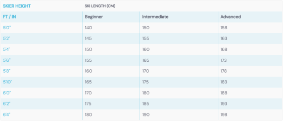 women’s ski sizing chart